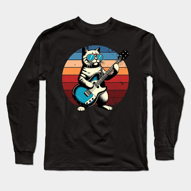 Electric Guitar Cat Rock Music Retro Funny Cat Long Sleeve T-Shirt by KsuAnn